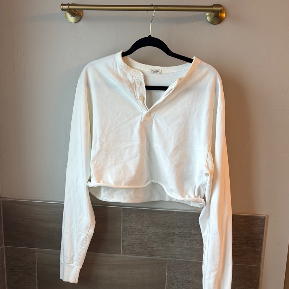 White Long Sleeve Henley Crop Top